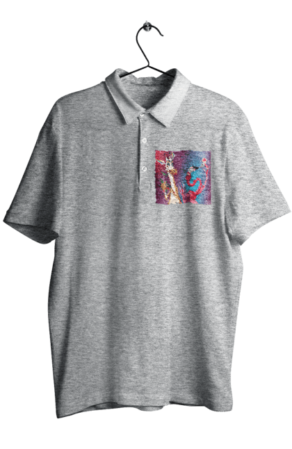 Men`s polo with prints Giraffe And Flamingo At The Party. Cocktail, flamingo, food, giraffe. 2070702