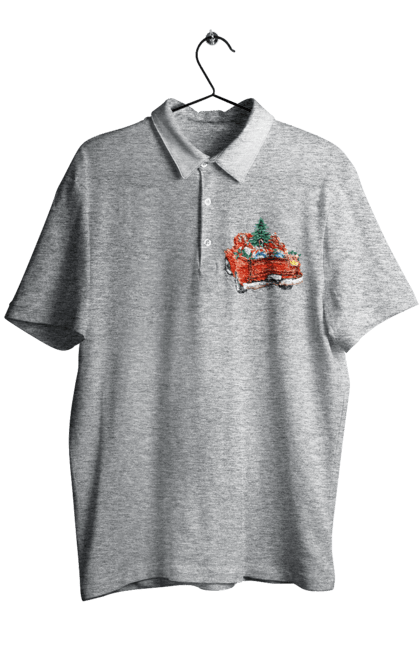 Men`s polo with prints Car with gifts. Car, christmas, new year, presents, santa, tree. 2070702
