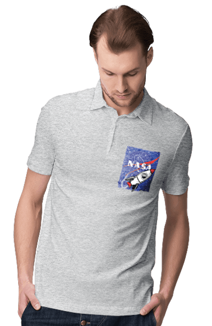 Men's polo with prints NASA. Aeronautics, astronautics, aviation, nasa, research, rocket, science, space, technologies, usa. 2070702