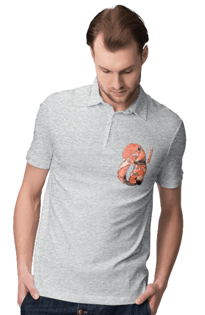 Men's polo with prints Kitsune. Animal, cherry blossoms, flowers, fox, great wave, japan, japanese, kitsune, mount fuji, red fox. 2070702