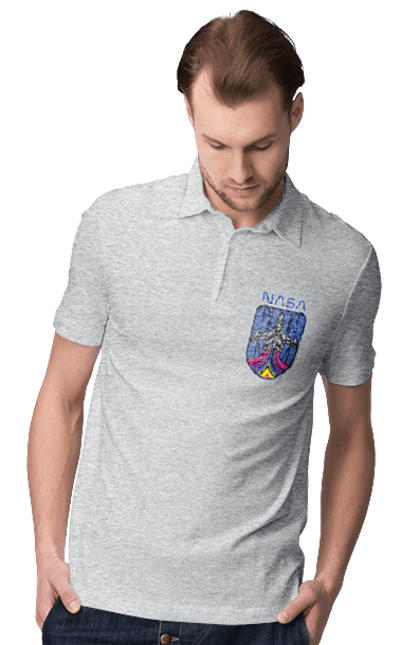 Men's polo with prints NASA. Aeronautics, astronautics, aviation, nasa, research, rocket, science, space, technologies, usa. 2070702