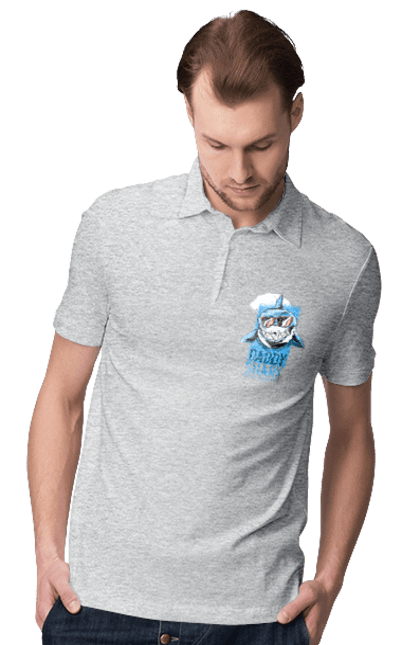 Поло чоловіче з принтом "Daddy Shark". Dad, daddy, батька, батько, батя, день, день батька, зять, коханий чоловік, мужик, папа, папулечка, подарунок, свято, улюблений, чоловік, яжбати. PrintMarket - інтернет-магазин одягу та аксесуарів з принтами плюс конструктор принтів - створи свій унікальний дизайн