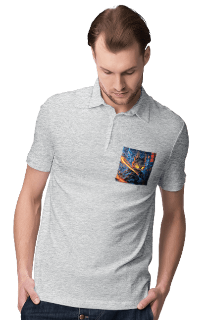 Поло чоловіче з принтом "Лабубу". Аніместиль, дія, катана, кіберніндзя, кіберпанк, лабубу, меч, неонове місто, очі` що світяться. 2070702