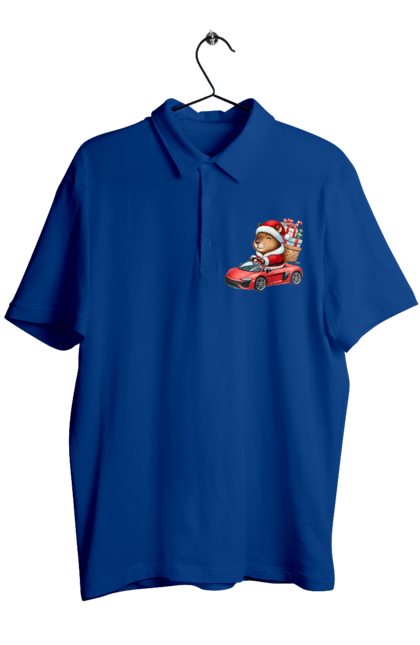 Men's polo with prints Christmas Capybara with a Gift. Animal, capybara, car, christmas, christmas capybara, gift, holiday, new year, new year`s gift, santa. 2070702