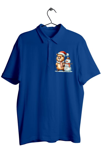 Men's polo with prints Capybara and Snowman. Animal, capybara, christmas, christmas capybara, gift, holiday, new year, new year`s gift, santa, snowman. 2070702