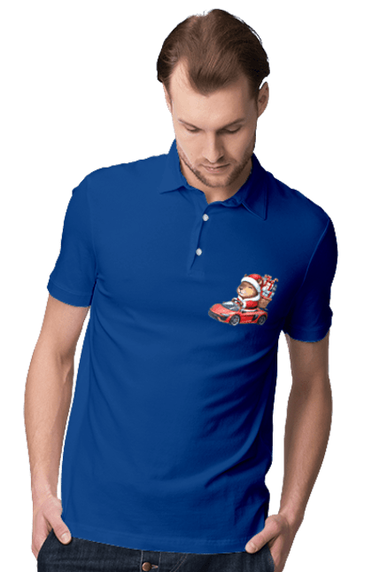 Men's polo with prints Christmas Capybara with a Gift. Animal, capybara, car, christmas, christmas capybara, gift, holiday, new year, new year`s gift, santa. 2070702