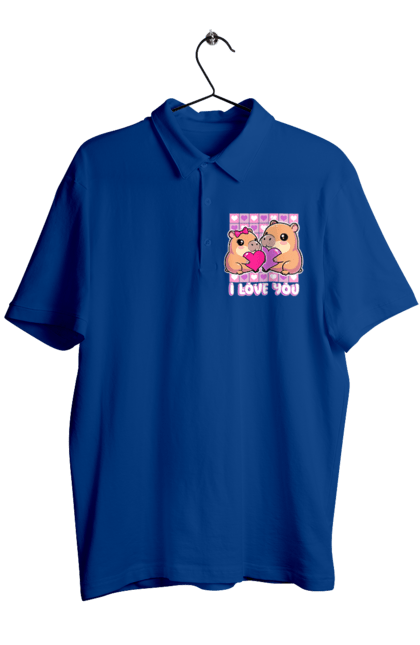 Men`s polo with prints Capybara in love. Capybara, cute animals, hearts, i love you, love, romance, romantic gift, valentine, valentine`s day. 2070702
