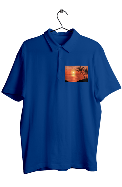 Men`s polo with prints West Palm Sea. Palm trees, sea, shore. 2070702