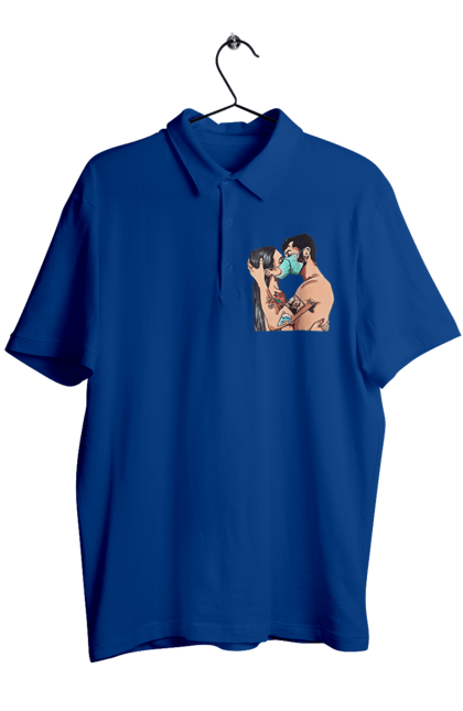 Men`s polo with prints Coronavirus Love. Coronavirus, kiss, love, mask, quarantine. 2070702