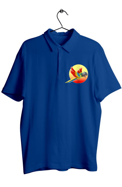 Men`s polo with prints Parrot On The Sun. Bird, circle, color, disk, feathers, flies, flight, happy, heat, hot, in flight, macaw, multicolored, orange, parrot, recreation, red, summer, sun, sunny, tropics, vacation, warmly, wings, yellow. 2070702