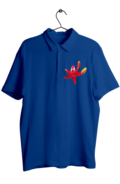 Men`s polo with prints Red lily. Bright, bud, buds, color, flower, lily, nature, red, red flower, red lily, sunny. 2070702