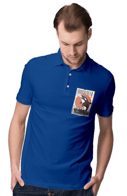 Men's polo with prints Orcazilla. Cartoon style design, graphic, japan print, japanese, japanese art, japanese poster, japanese poster orca, ocean wildlife, orca, orcazilla. 2070702