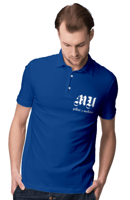 Men`s polo with prints Mi equal. Call, gothic font, inscription, mi equal, text. 2070702