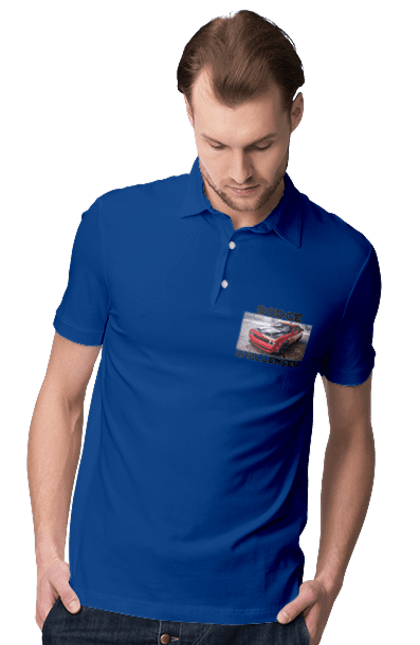 Men`s polo with prints Dodge challenger. An american legend, auto, car, classic car, cult car, dodge challenger, oil car, powerful car. 2070702