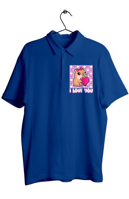 Men`s polo with prints Capybara in love. Capybara, cute animals, hearts, i love you, love, romance, romantic gift, valentine, valentine`s day. 2070702