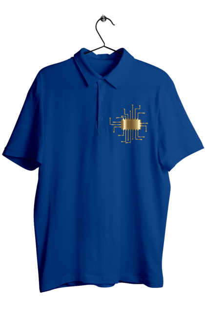Men`s polo with prints Golden Chip. Chip, code, comp, computer, crystal, cybernetics, developer, engineer, geek, gold, golden, it, it specialist, profession, programmer. 2070702
