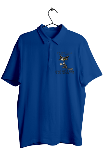 Поло чоловіче з принтом "Як це пережити?". Велика склянка, випий, все відмінно, йди нахуй, кіт і кухоль, налий, роздум, смоктати, як це подолати. 2070702