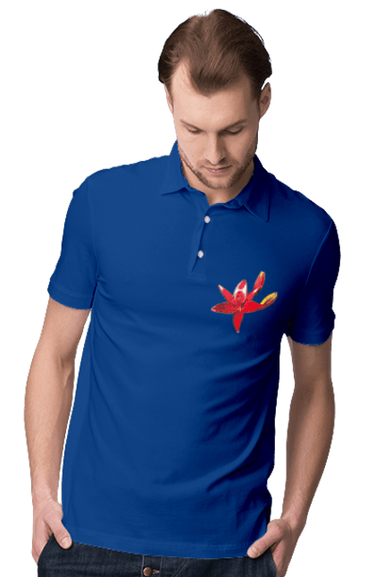 Men`s polo with prints Red lily. Bright, bud, buds, color, flower, lily, nature, red, red flower, red lily, sunny. 2070702
