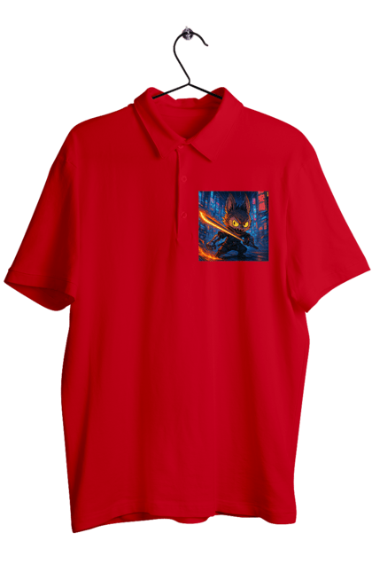 Поло чоловіче з принтом "Лабубу". Аніместиль, дія, катана, кіберніндзя, кіберпанк, лабубу, меч, неонове місто, очі` що світяться. 2070702