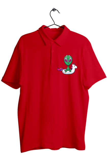 Men`s polo with prints Alien Floats In A Circle. Alien, inflatable circle, to swim. 2070702