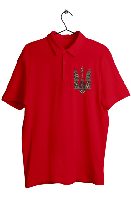 Men`s polo with prints Vyshyvanka coat of arms. Actual, emblem, embroidered shirt, symbolics, ukrainian, unusual, war. 2070702