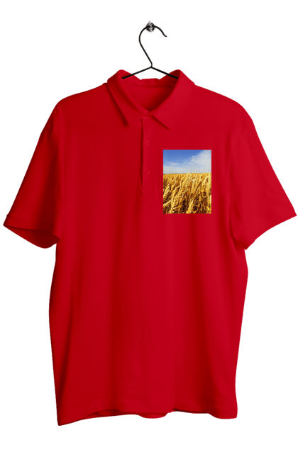 Men`s polo with prints Ukraine. Beauty, blue, field, nature, sky, wheat. 2070702
