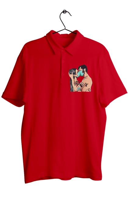 Men`s polo with prints Coronavirus Love. Coronavirus, kiss, love, mask, quarantine. 2070702