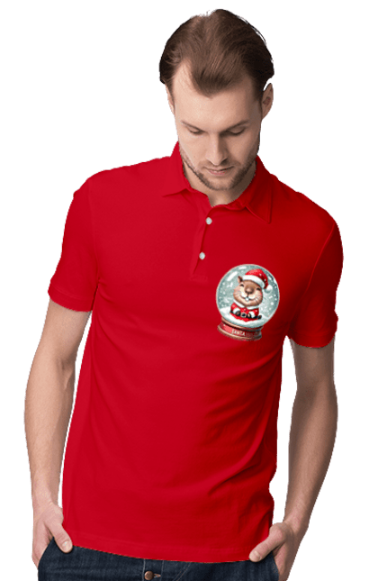 Men's polo with prints Capybara in a snow globe. Animal, capybara, christmas, christmas capybara, gift, holiday, new year, new year`s gift, santa, snow globe. 2070702