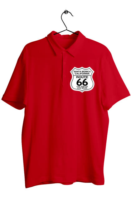 Men`s polo with prints Route 66. Bike, biker, biker club, bikers club, brother, brutal, dude, hot asphalt, hot horse, hot rod, motorcycle, motorcyclist, real man, road 50, road 66, road 80, roads of america, roads of ukraine, roads we choose, speed, take, thirst for speed. 2070702