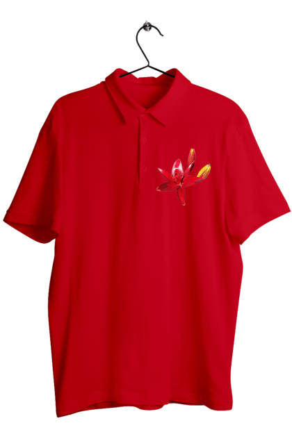 Men`s polo with prints Red lily. Bright, bud, buds, color, flower, lily, nature, red, red flower, red lily, sunny. 2070702