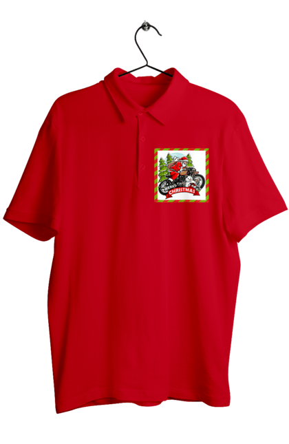 Поло чоловіче з принтом "Санта на мотоциклі". Мотоцикл, новий рік, подарунки, різдво, санта, сніговик, ялинка. 2070702