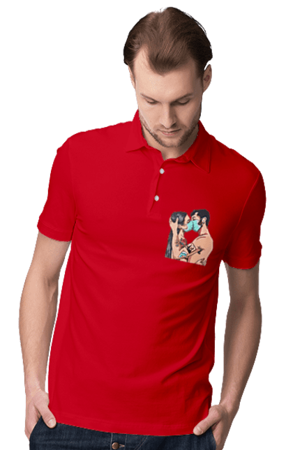Men`s polo with prints Coronavirus Love. Coronavirus, kiss, love, mask, quarantine. 2070702
