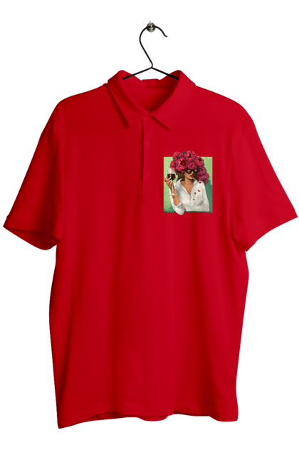 Men`s polo with prints Girl with peonies and a glass. Flower, girl, glasses, goblet, peonies, shirt, summer, wine. 2070702