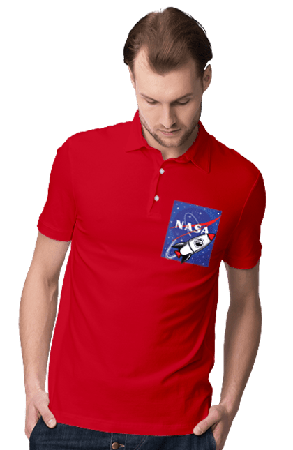 Men's polo with prints NASA. Aeronautics, astronautics, aviation, nasa, research, rocket, science, space, technologies, usa. 2070702