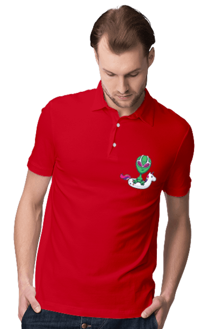 Men`s polo with prints Alien Floats In A Circle. Alien, inflatable circle, to swim. 2070702