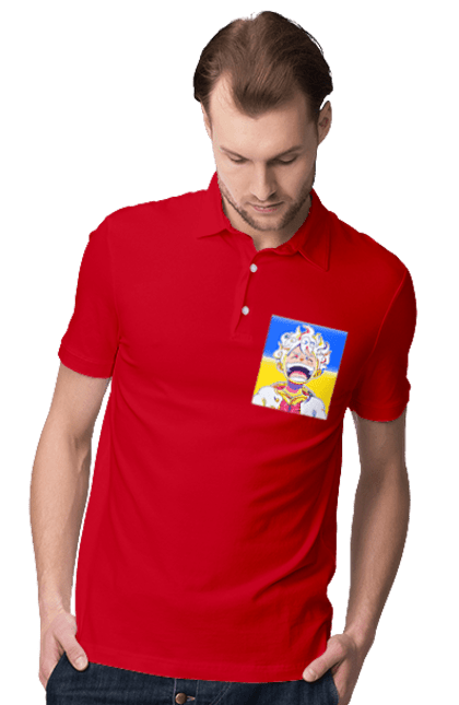 Men`s polo with prints Monkey D Luffy laughing on a yellow blue background. Flag of ukraine, luffy, monkey d luffy, one piece, symbol of ukraine, ukraine. 2070702