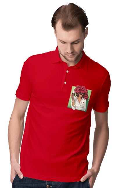Men`s polo with prints Girl with peonies and a glass. Flower, girl, glasses, goblet, peonies, shirt, summer, wine. 2070702