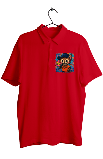 Поло чоловіче з принтом "Лабубу". Бейсболка, вуличне мистецтво, графіті, золотийланцюг, лабубу, мікрофон, міський стиль, репатмосфера, хіпхоп, яскраво. 2070702