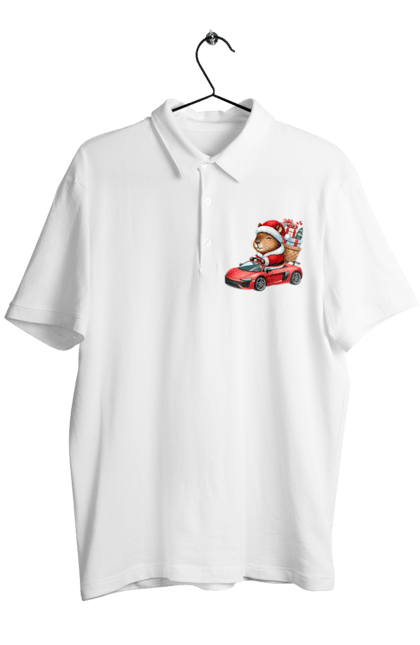 Men's polo with prints Christmas Capybara with a Gift. Animal, capybara, car, christmas, christmas capybara, gift, holiday, new year, new year`s gift, santa. 2070702