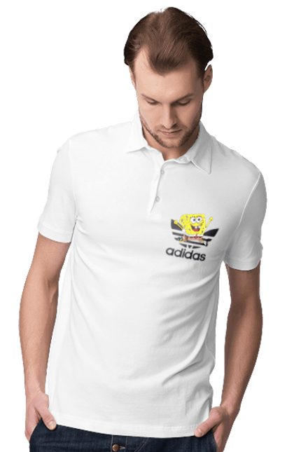 Поло мужское с принтом Adidas Губка Боб. Adidas, spongebob, адидас, баскетбол, губка боб, мультик, мультсериал, мяч, спанч боб, спорт. 2070702