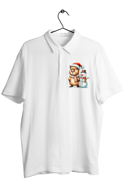 Men's polo with prints Capybara and Snowman. Animal, capybara, christmas, christmas capybara, gift, holiday, new year, new year`s gift, santa, snowman. 2070702