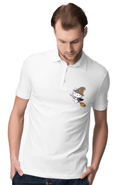 Men's polo with prints Hello Kitty Halloween. Brand, cat, character, halloween, hello kitty, kitten, kitty, witch. 2070702