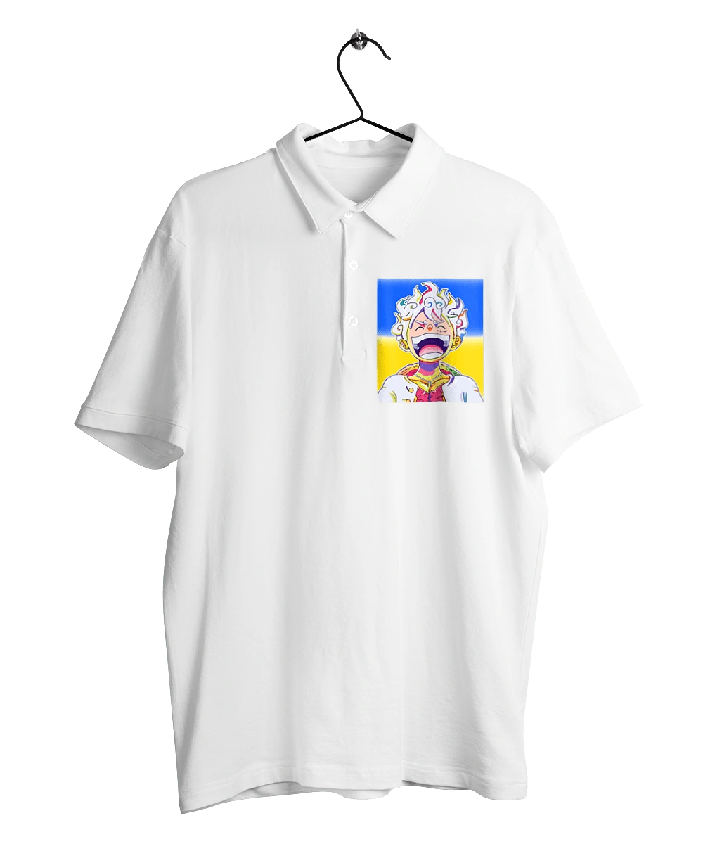 Monkey D Luffy laughing on a yellow blue background