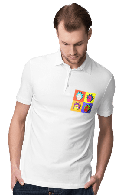 Men's polo with prints Rick and Morty. Adventures, black humor, cartoon, pop art, rick, rick and morty, sci-fi, tragicomedy. 2070702