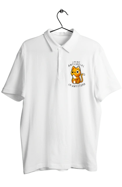 Поло чоловіче з принтом "Не антисоціальний, а антидурний". Антидурний, антисоціал, гумор, іронія, кіт, мем, прикол, сарказм, хейт, цинізм. 2070702