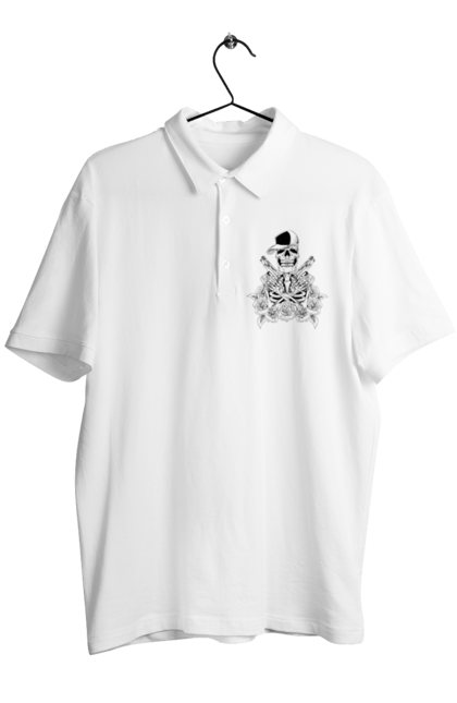 Men's polo with prints Skeleton with pistols. Black and white, bones, cap, gun, roses, scull, skeleton, teeth. 2070702