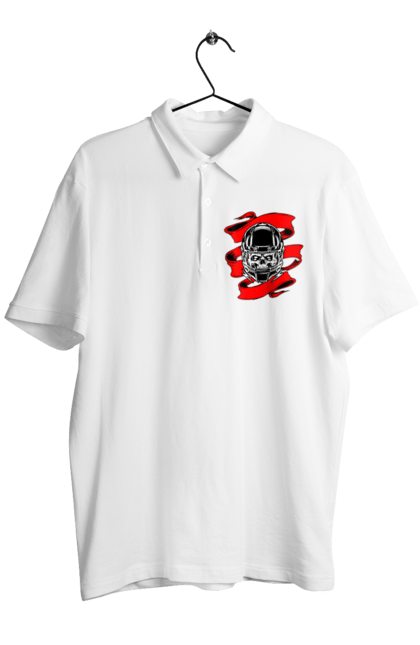 Men`s polo with prints Skull in a motorcycle helmet. Helmet, moto, skull, tape. 2070702