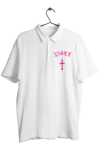 Поло чоловіче з принтом "Логотип Ангел". Готичний стиль, готичний шрифт, логотип, рожевий, хрест, хрестик, янгол. 2070702