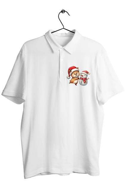 Men's polo with prints Capybara and Snowman. Animal, capybara, christmas, christmas capybara, gift, holiday, new year, new year`s gift, santa, snowman. 2070702