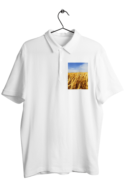 Men`s polo with prints Ukraine. Beauty, blue, field, nature, sky, wheat. 2070702